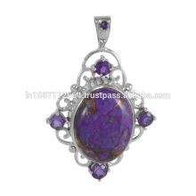 Best Combination Purple Copper Turquoise & Amethyst Gemstone with Sterling Silver Handmade Design Pendant For Gift